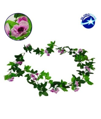 GloboStar® 09016 Τεχνητό Κρεμαστό Φυτό Διακοσμητική Γιρλάντα Μήκους 2.2 μέτρων με 33 X Μικρά Τριαντάφυλλα Μωβ Λευκά